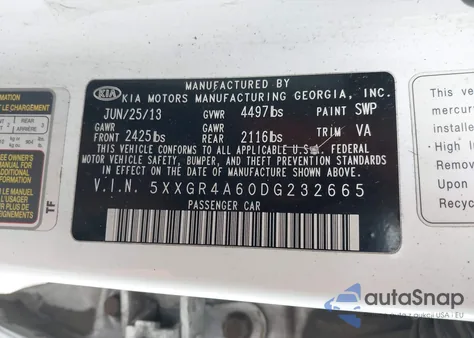 2013 Kia Optima Sx z USA, uszkodzony, nr VIN 5XXGR4A68D8232665